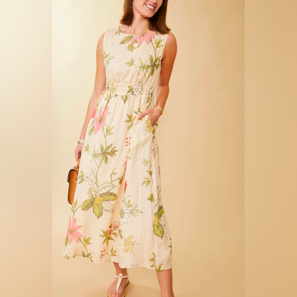 Spartina 449 Cream Floral Maxi Dress with Pink & Green Accents